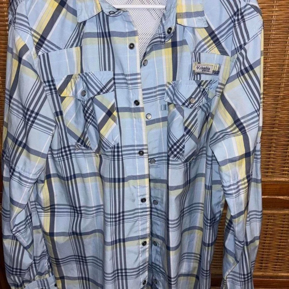Columbia PFG Mens Large Plaid Long Sleeve Fishing Shirt Blue Yellow Button Down - Picture 1 of 6
